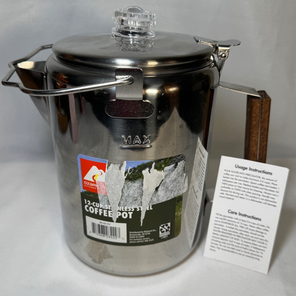 Ozark Trail 12-Cup Stainless Steel Coffee Pot Percolator Wood Handle 803-422-151